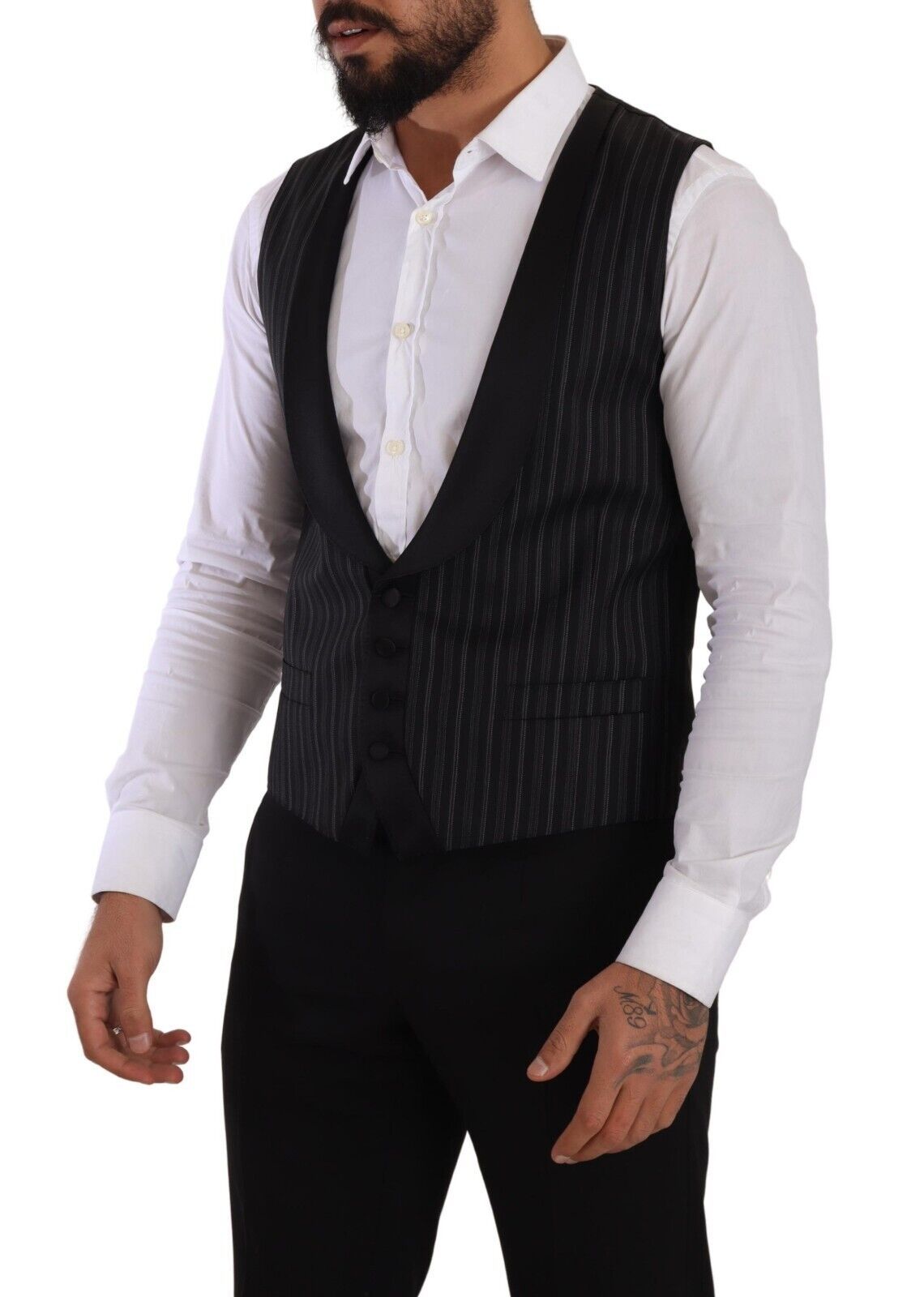 Dolce & Gabbana Black Striped Wool Silk Waistcoat Vest