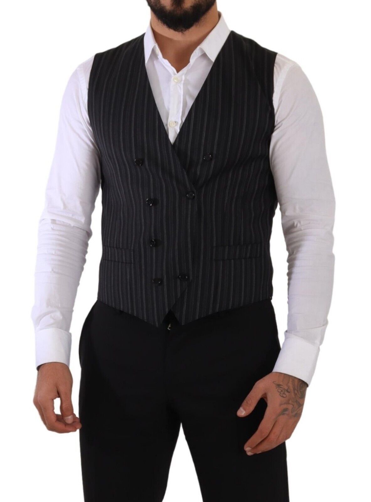 Dolce & Gabbana Gray Striped Double Breasted Waistcoat Vest