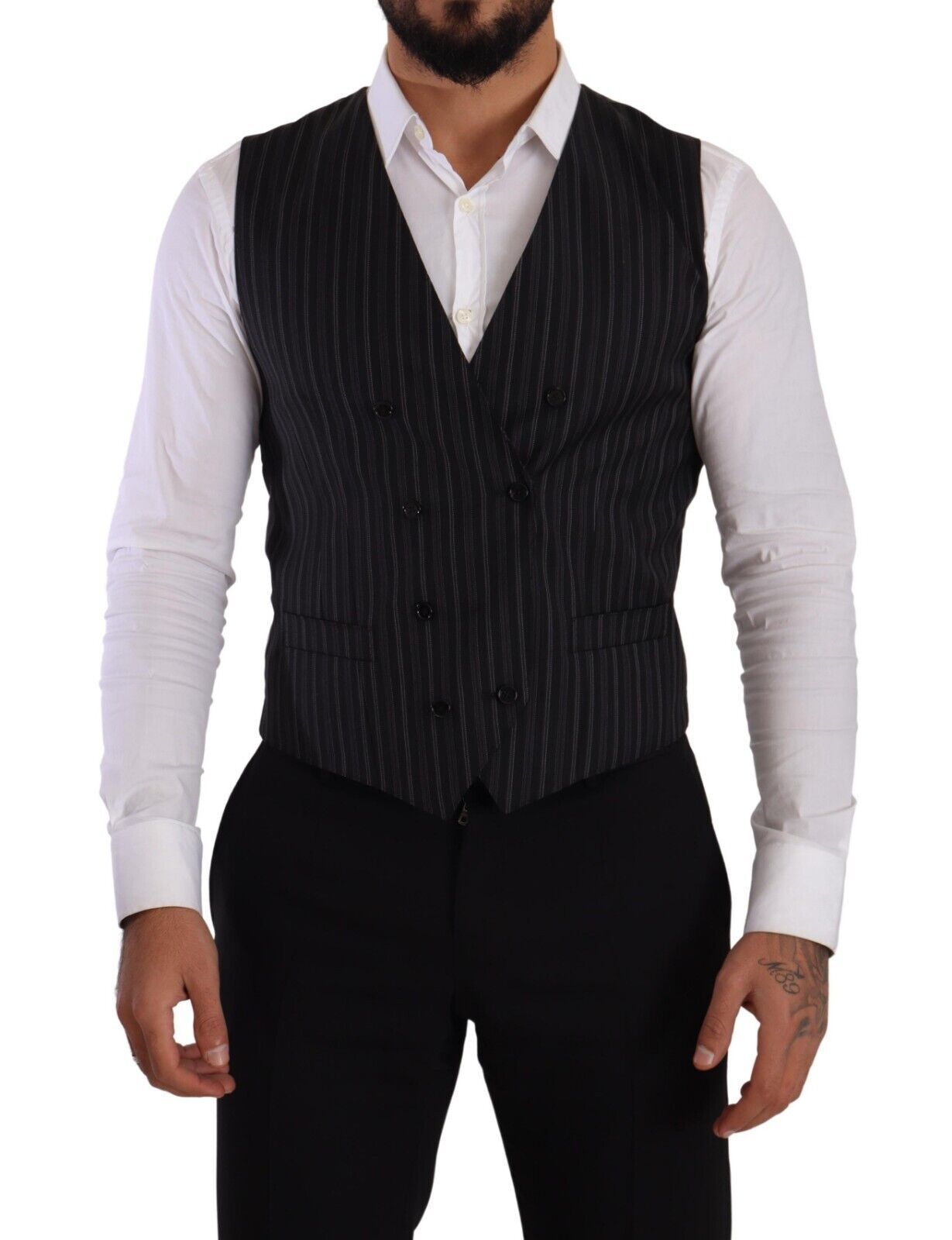 Dolce & Gabbana Gray Striped Double Breasted Waistcoat Vest