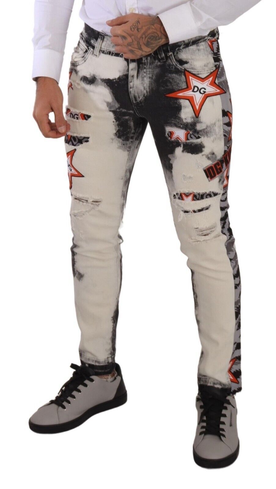 Dolce & Gabbana White Black Cotton Distressed Skinny Denim Jeans