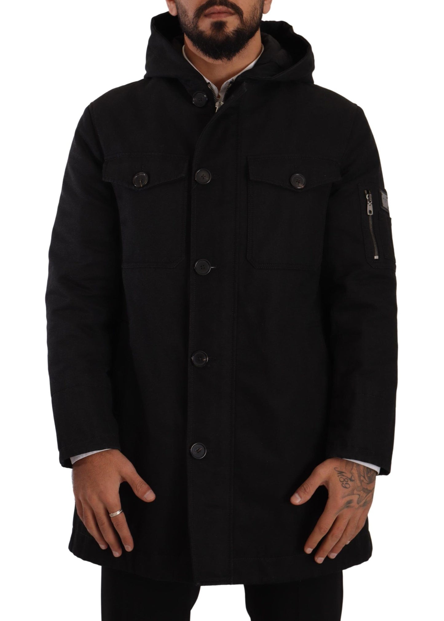 Dolce & Gabbana Black Denim Hooded Parka Coat Winter Jacket