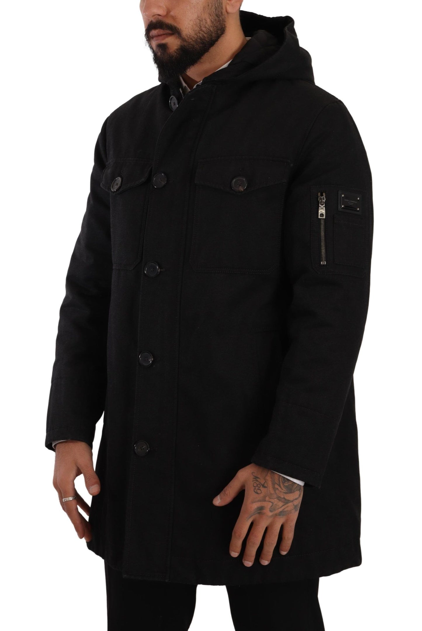 Dolce & Gabbana Black Denim Hooded Parka Coat Winter Jacket