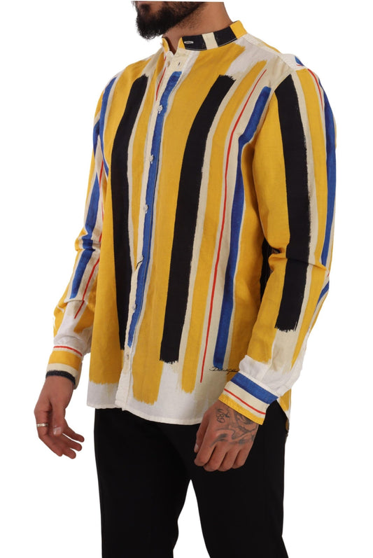 Dolce & Gabbana Yellow Striped Henley Linen Cotton Shirt