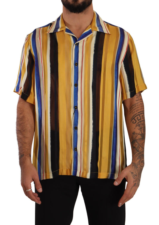 Dolce & Gabbana Yellow Striped Short Sleeve Silk Shirt