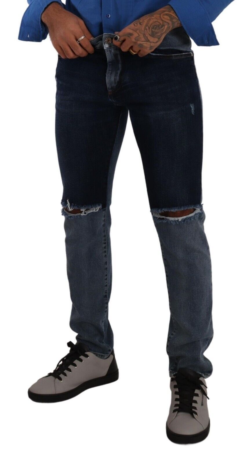 Dolce & Gabbana Blue Two Tone Tattered Cotton Slim Denim Jeans