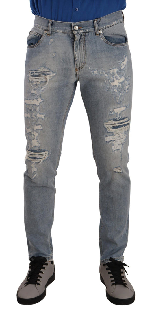 Dolce & Gabbana Light Blue Tattered Cotton Regular Denim Jeans