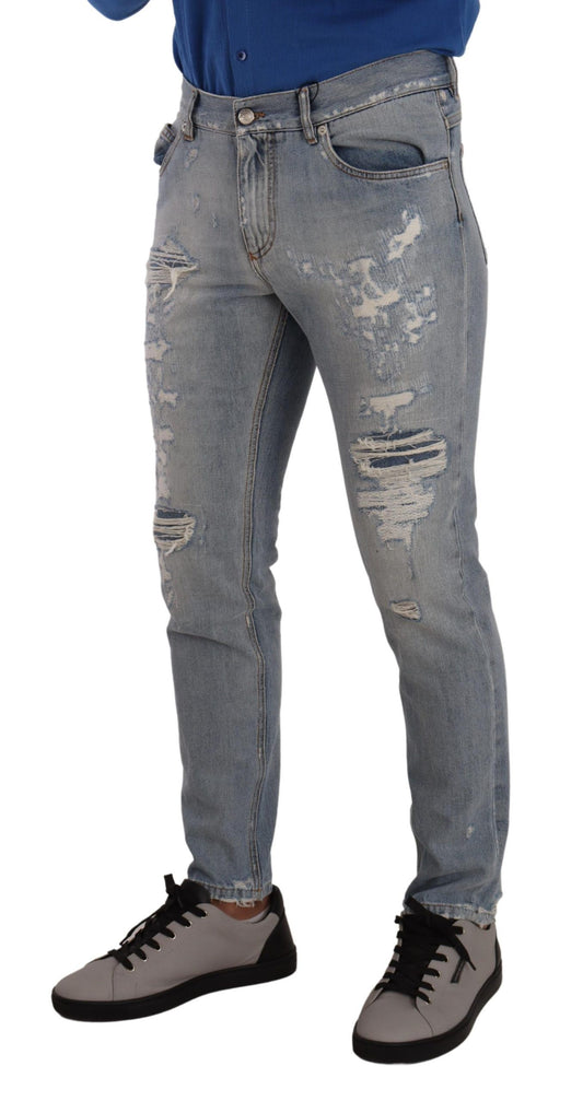 Dolce & Gabbana Light Blue Tattered Cotton Regular Denim Jeans