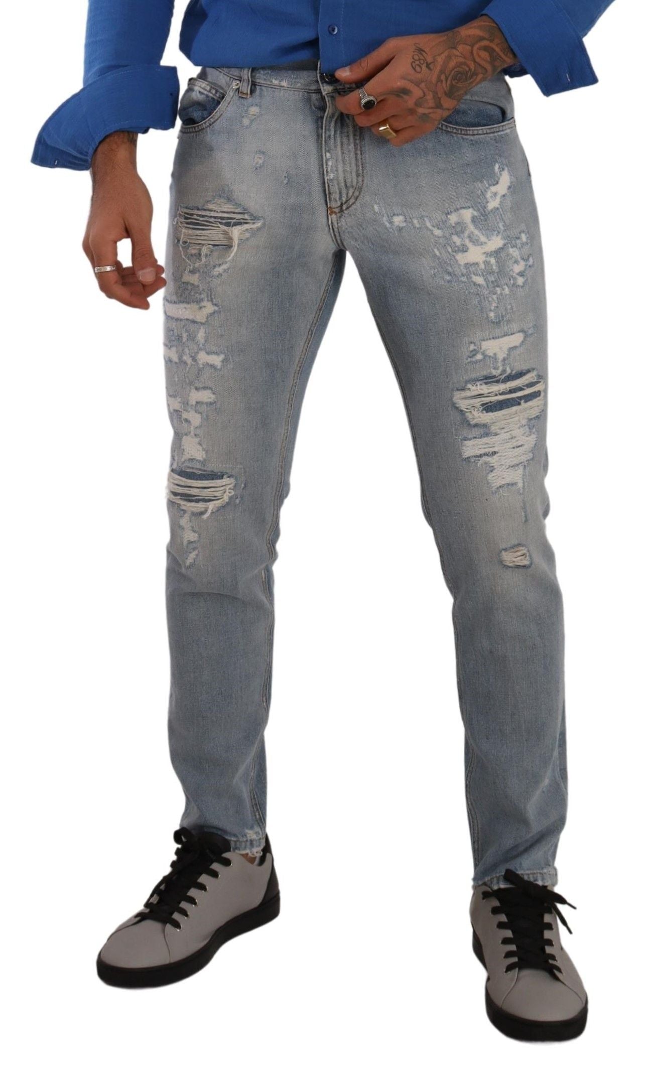 Dolce & Gabbana Light Blue Tattered Cotton Regular Denim Jeans