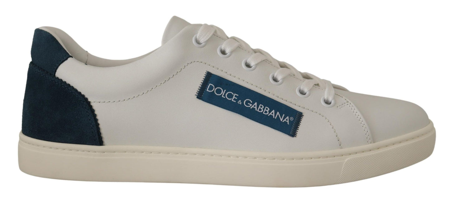 Dolce & Gabbana White Blue Leather Low Top Sneakers