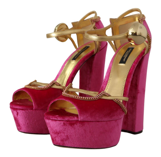 Dolce & Gabbana Pink Velvet Crystal Ankle Strap Sandals Shoes