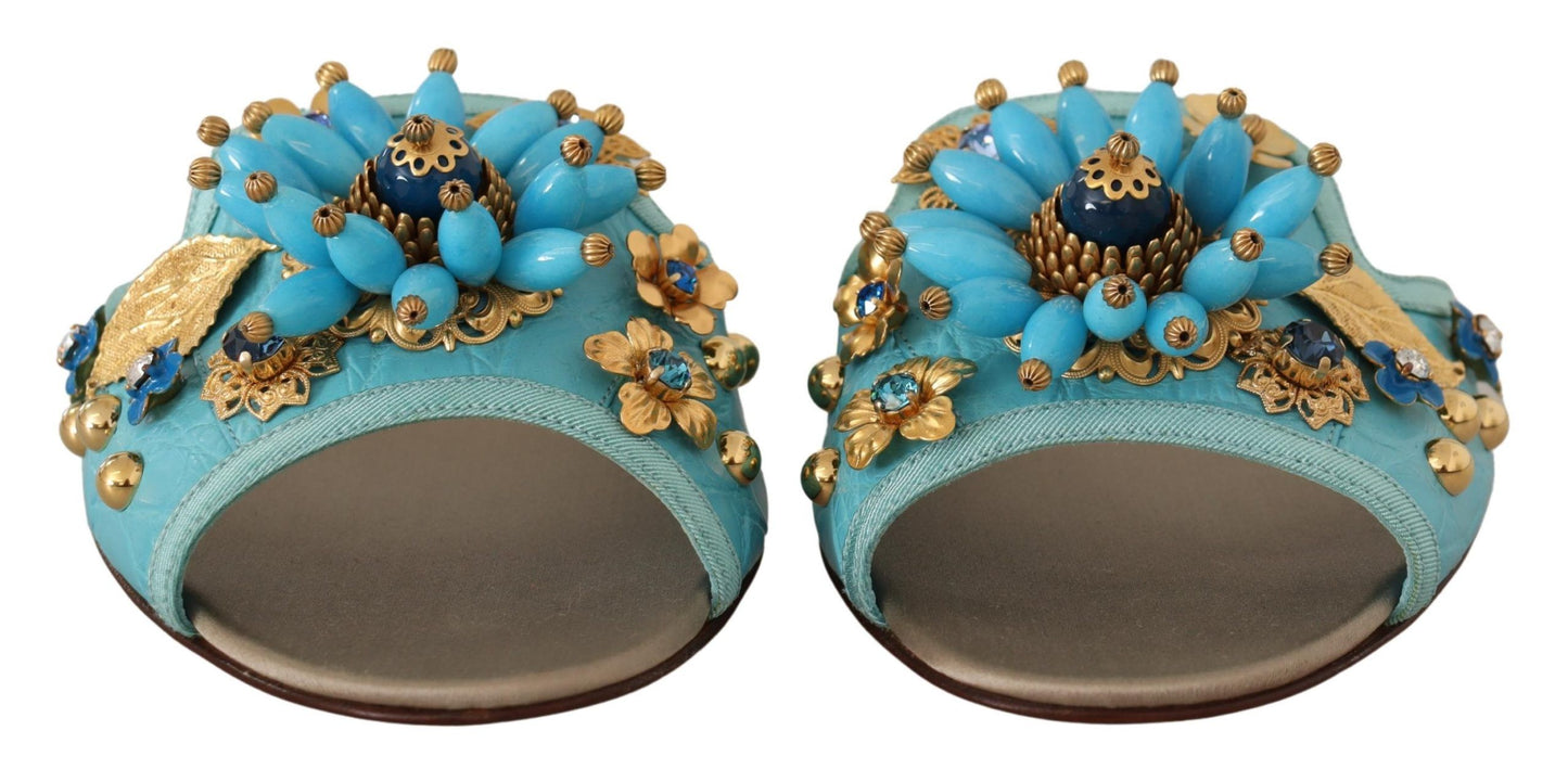 Dolce & Gabbana Blue Crystal Exotic Leather Sandals