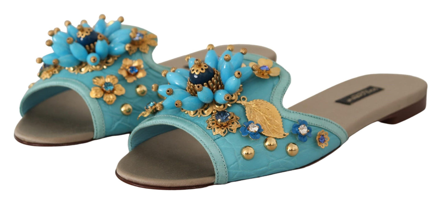 Dolce & Gabbana Blue Crystal Exotic Leather Sandals