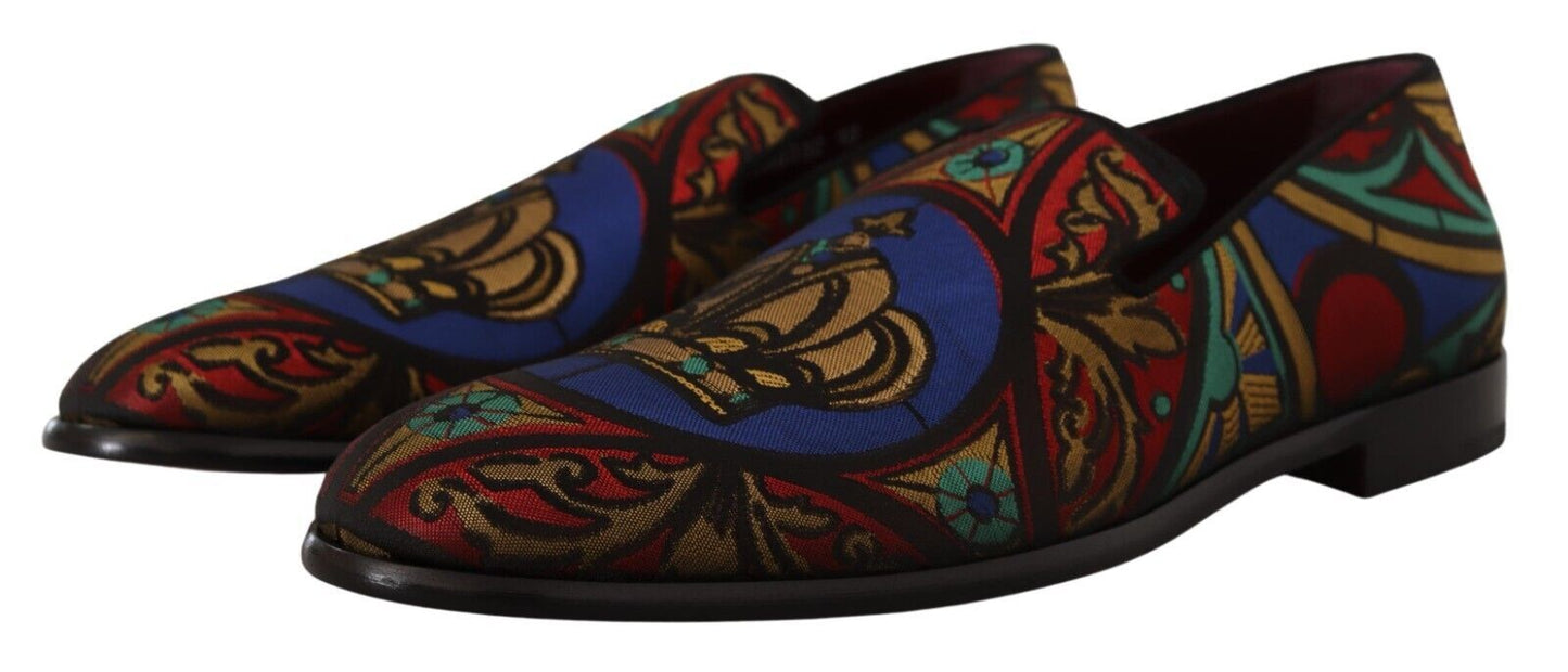 Dolce & Gabbana Multicolor Jacquard Crown Slippers Loafers Shoes