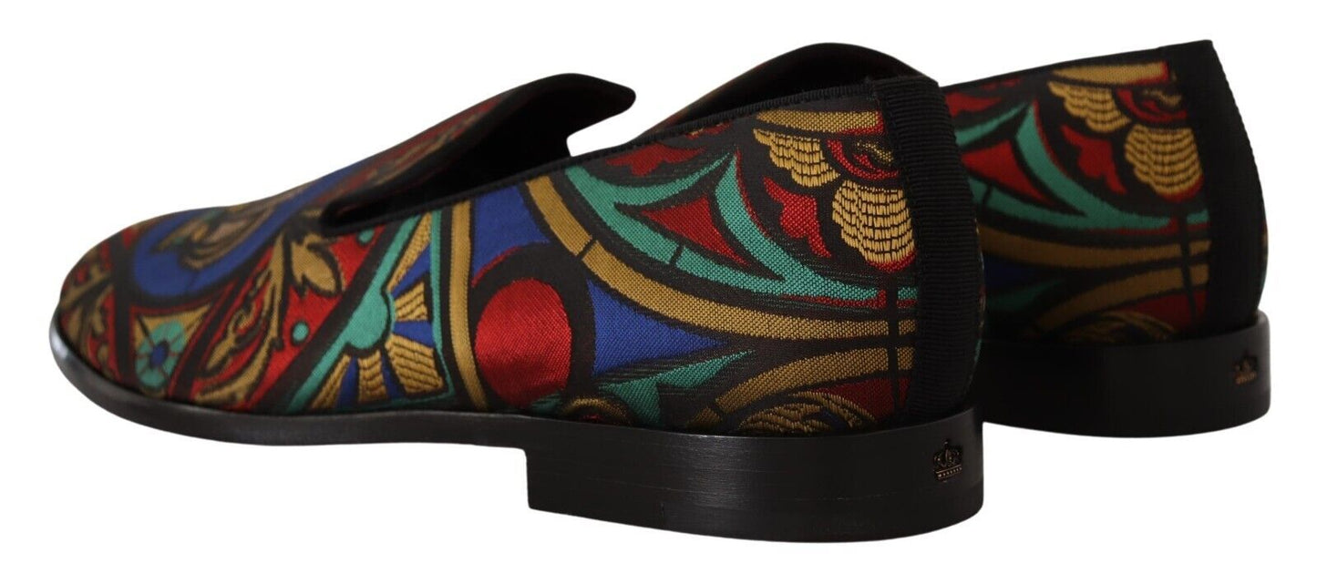 Dolce & Gabbana Multicolor Jacquard Crown Slippers Loafers Shoes