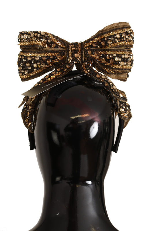 Dolce & Gabbana Gold Crystal Beaded Sequined Silk Bow Headband Diadem