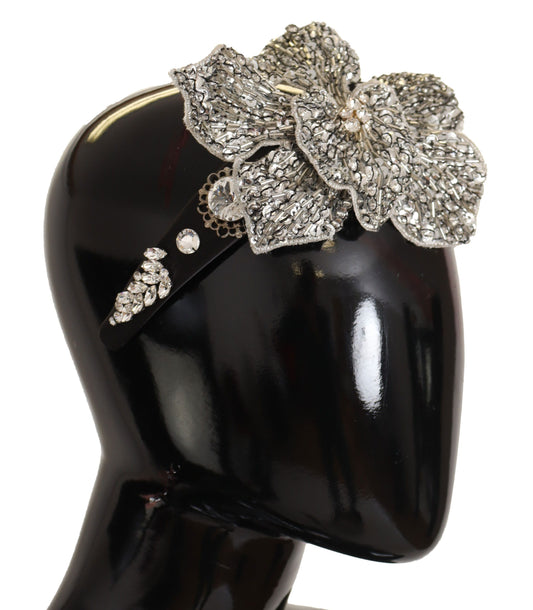 Dolce & Gabbana Black Crystal Beaded Sequined Large Flower Diadem Headband