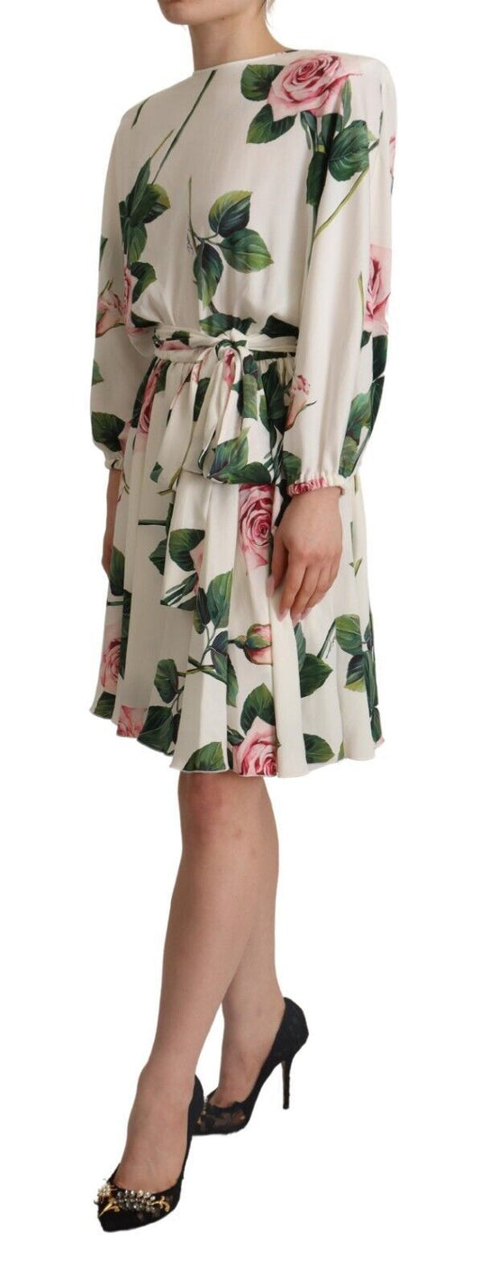 Dolce & Gabbana White Rose Print Long Sleeves A-line Dress