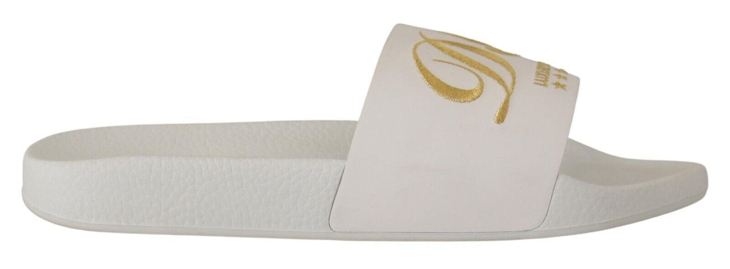 Dolce & Gabbana Chic White Leather Slides with Gold Embroidery