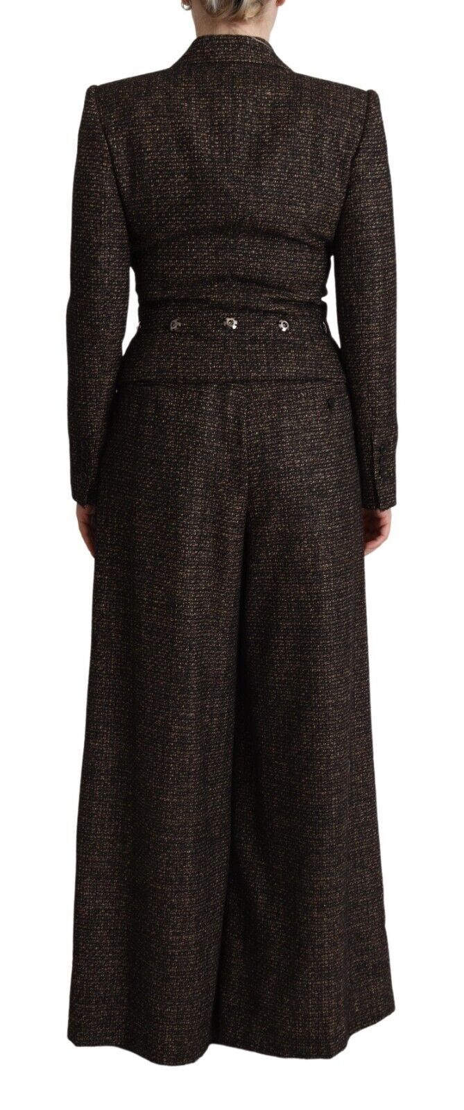 Dolce & Gabbana Dark Brown Wool Single Breasted Blazer Jacket Wide Leg Pants 2 pc Suit