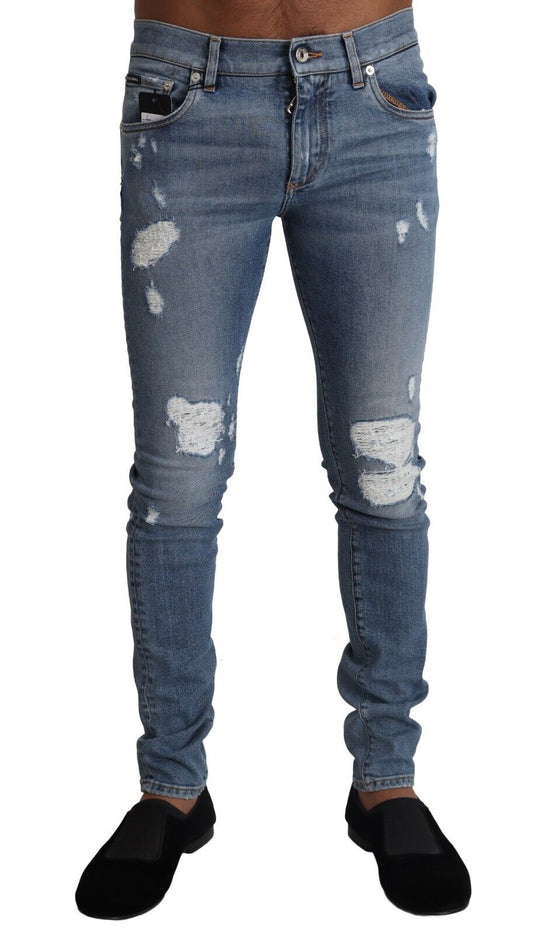 Dolce & Gabbana Light Blue Tattered Cotton Denim Skinny Jeans