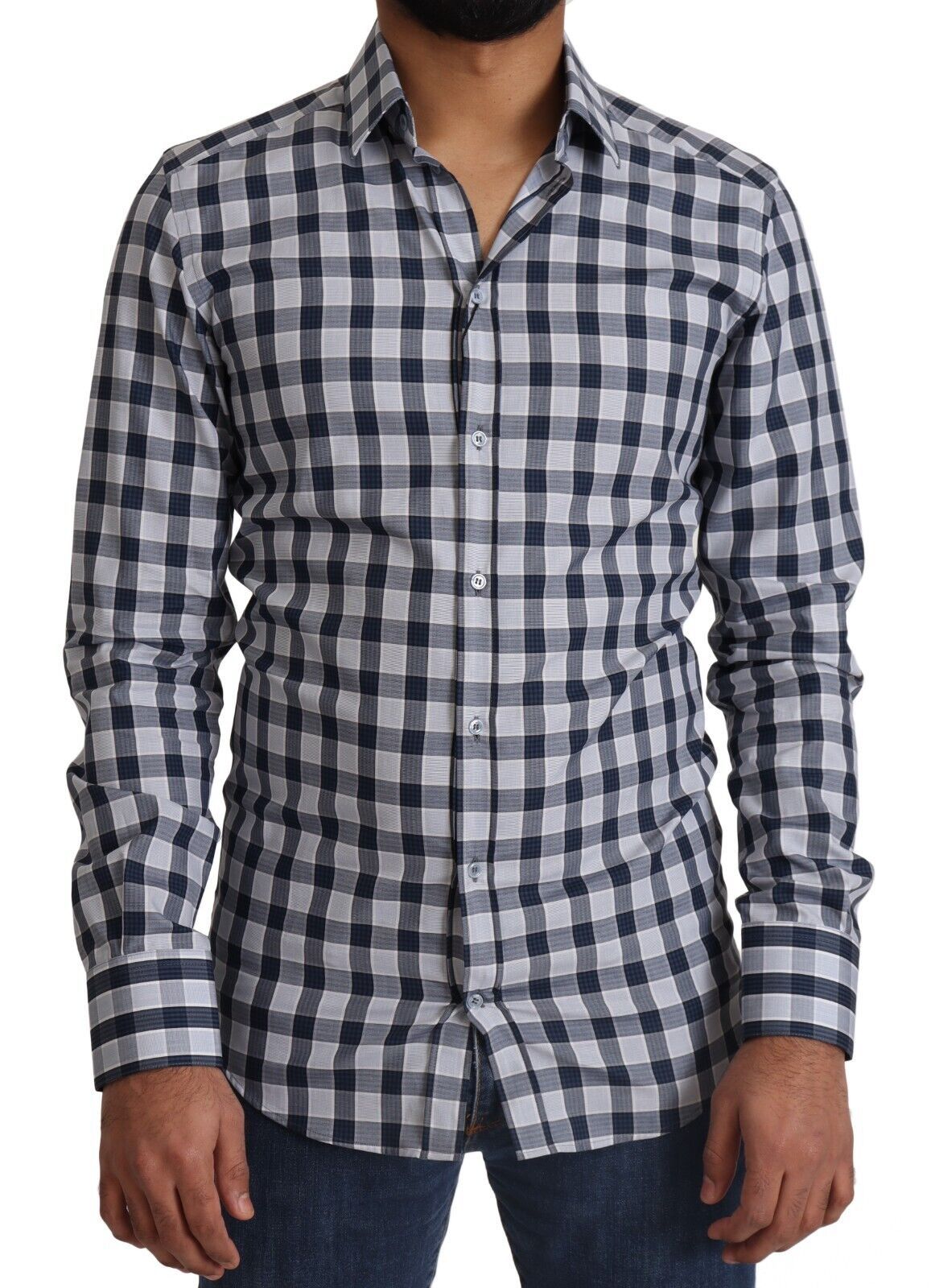 Dolce & Gabbana Blue White Check Cotton Slim Fit GOLD Shirt