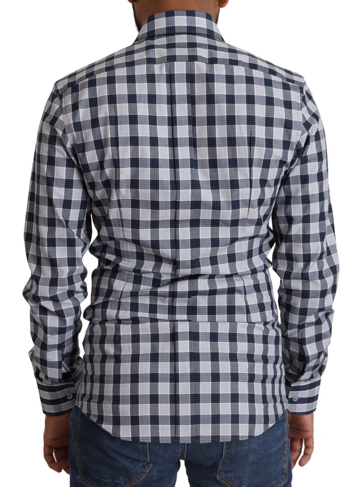 Dolce & Gabbana Blue White Check Cotton Slim Fit GOLD Shirt