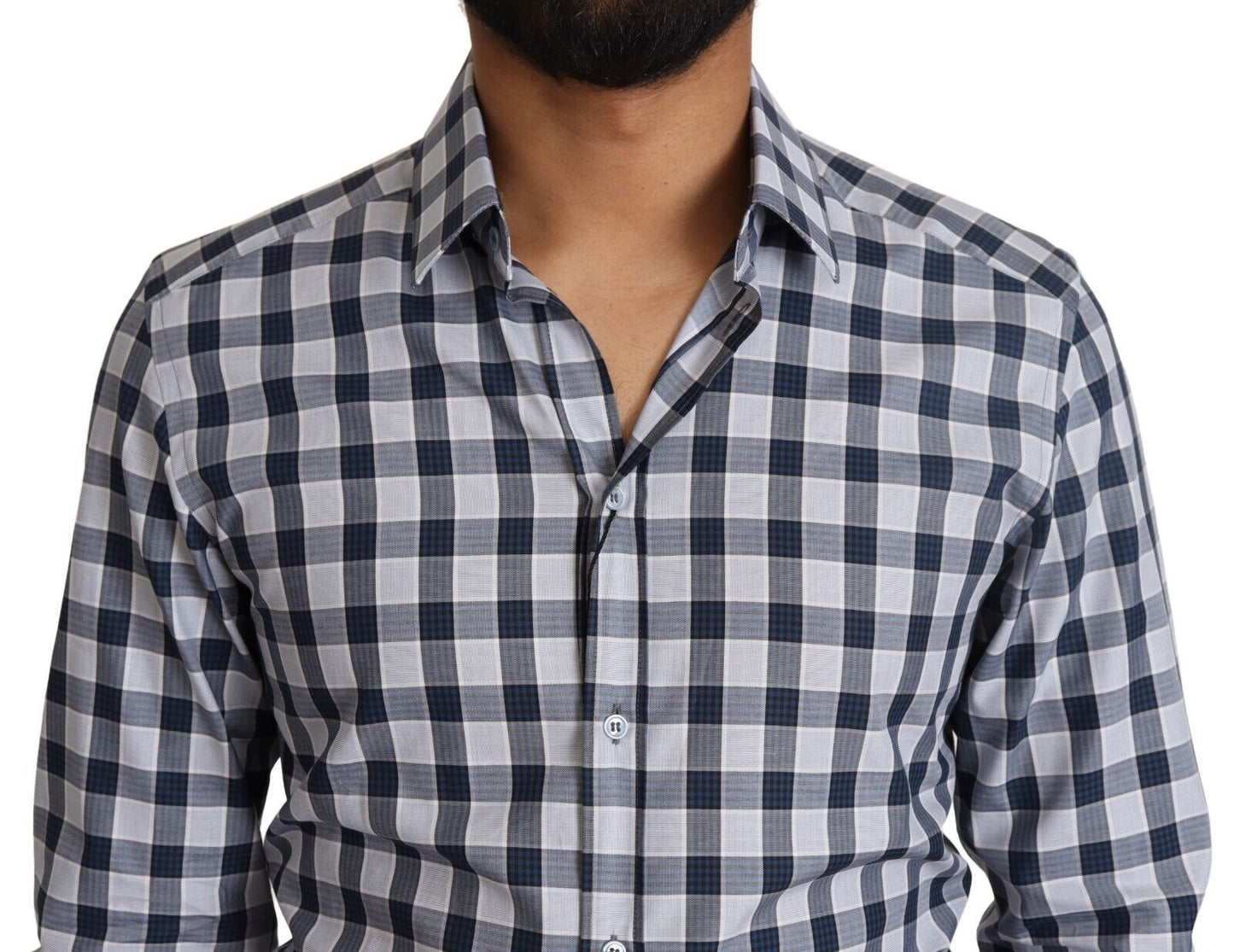 Dolce & Gabbana Blue White Check Cotton Slim Fit GOLD Shirt