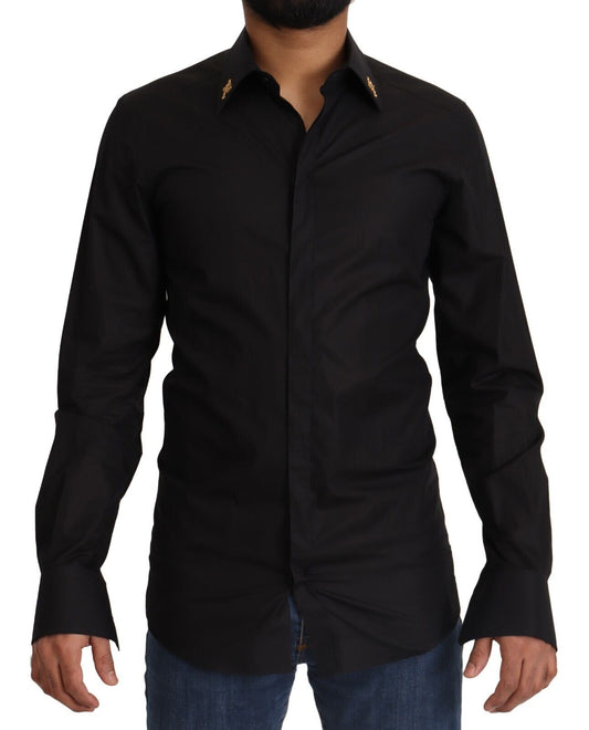 Dolce & Gabbana Black GOLD Cotton Crystal Cross Slim Shirt