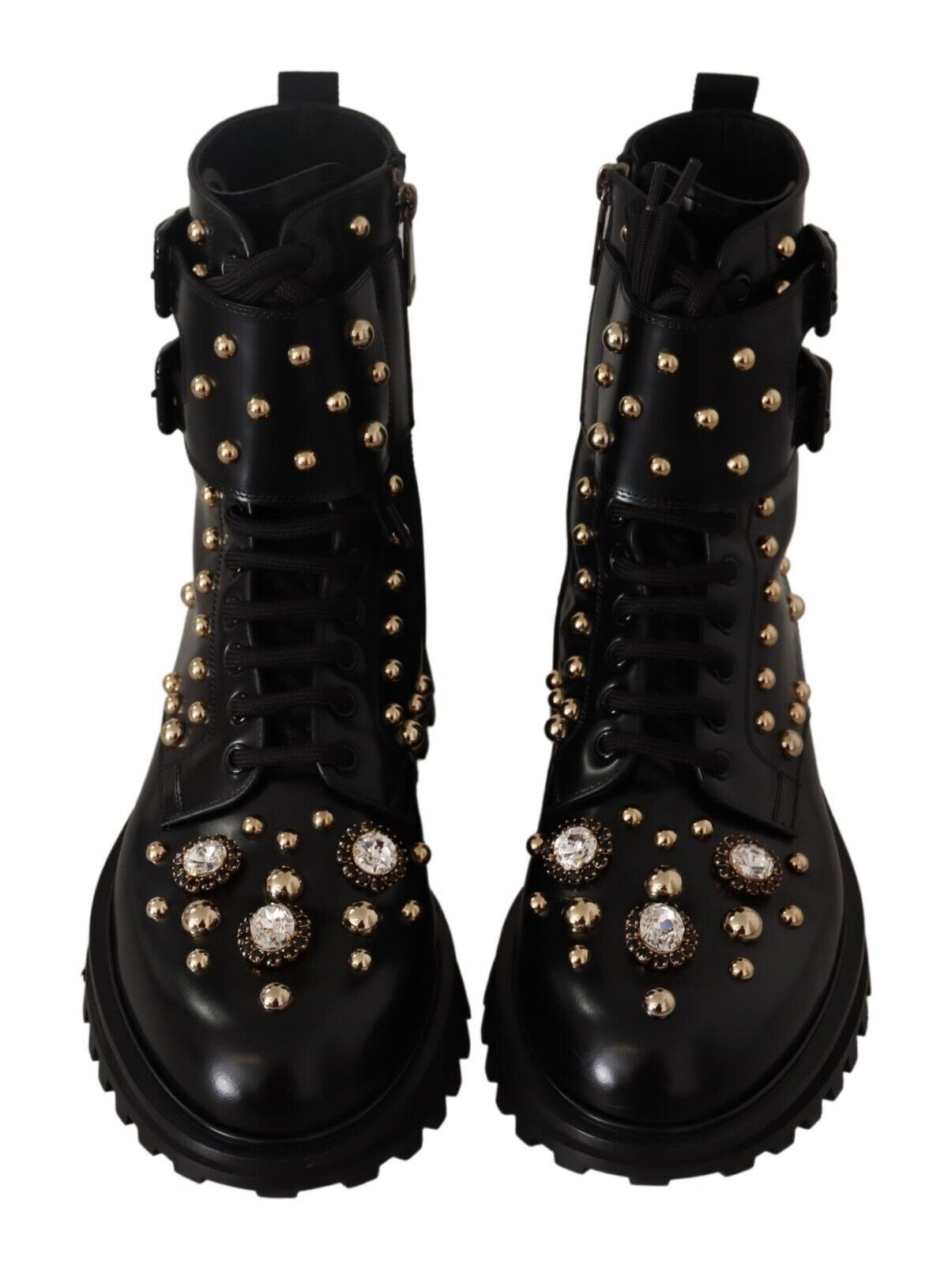 Dolce & Gabbana Black Leather Crystal Embellished Boots Shoes