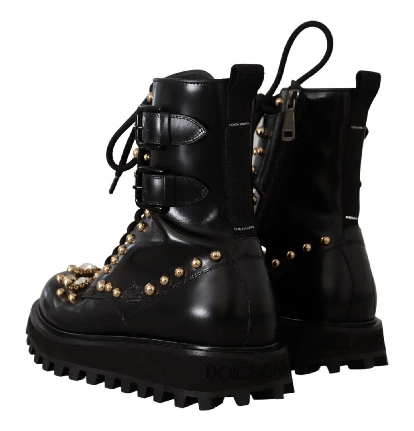 Dolce & Gabbana Black Leather Crystal Embellished Boots Shoes