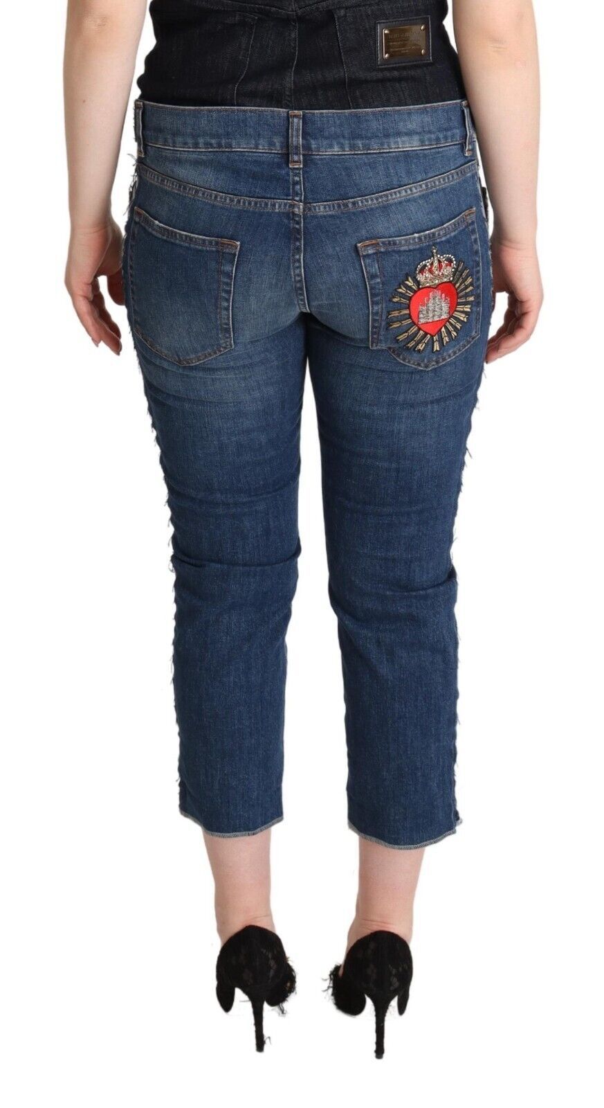 Dolce & Gabbana Blue Washed Mid Waist Denim Logo Cropped Jeans