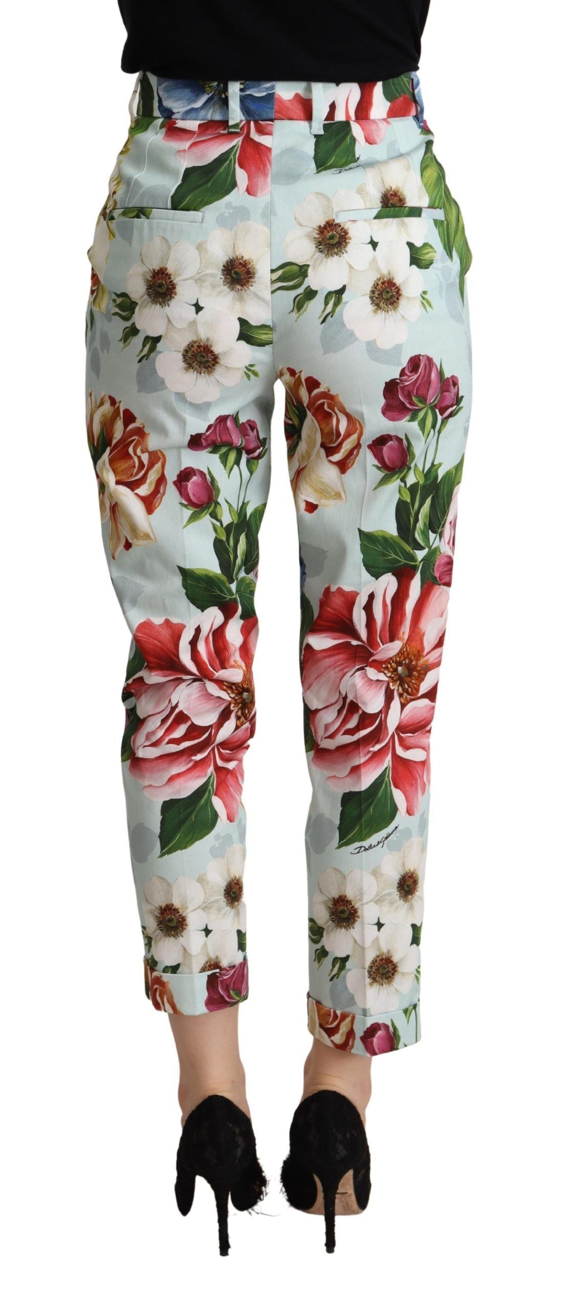 Dolce & Gabbana Light Blue Fiori Print Cotton Trouser Tapered Pants