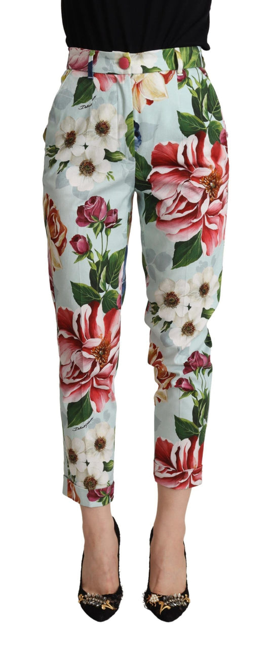 Dolce & Gabbana Light Blue Fiori Print Cotton Trouser Tapered Pants