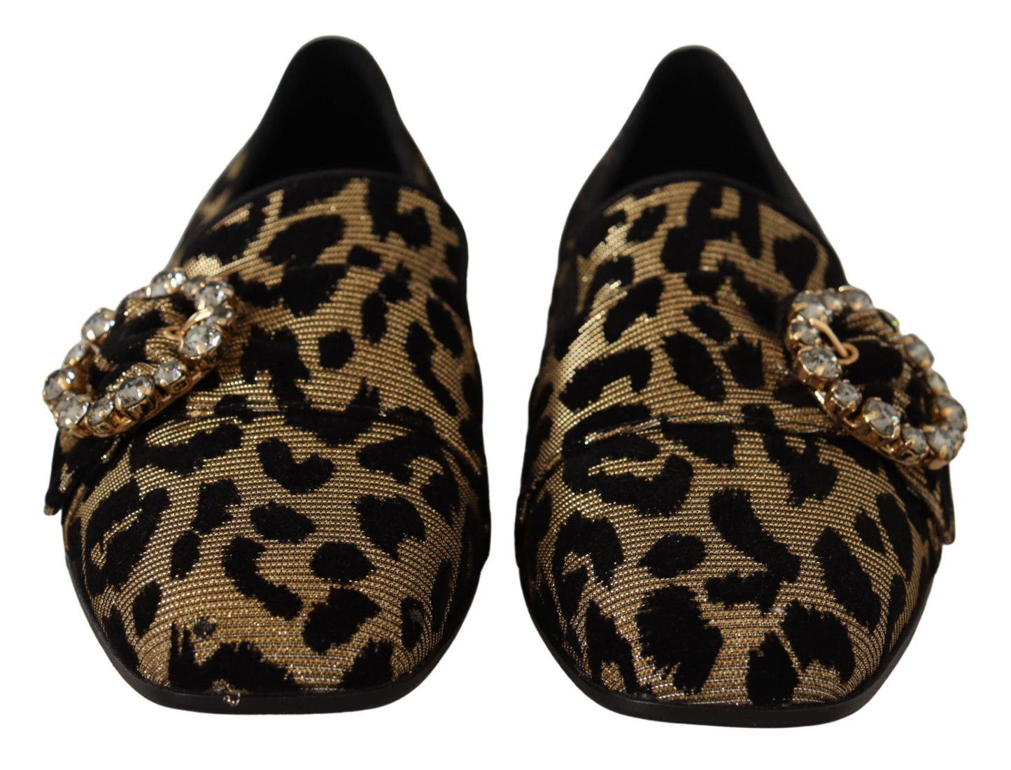 Dolce & Gabbana Gold Leopard Print Crystals Loafers Shoes