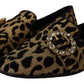 Dolce & Gabbana Gold Leopard Print Crystals Loafers Shoes