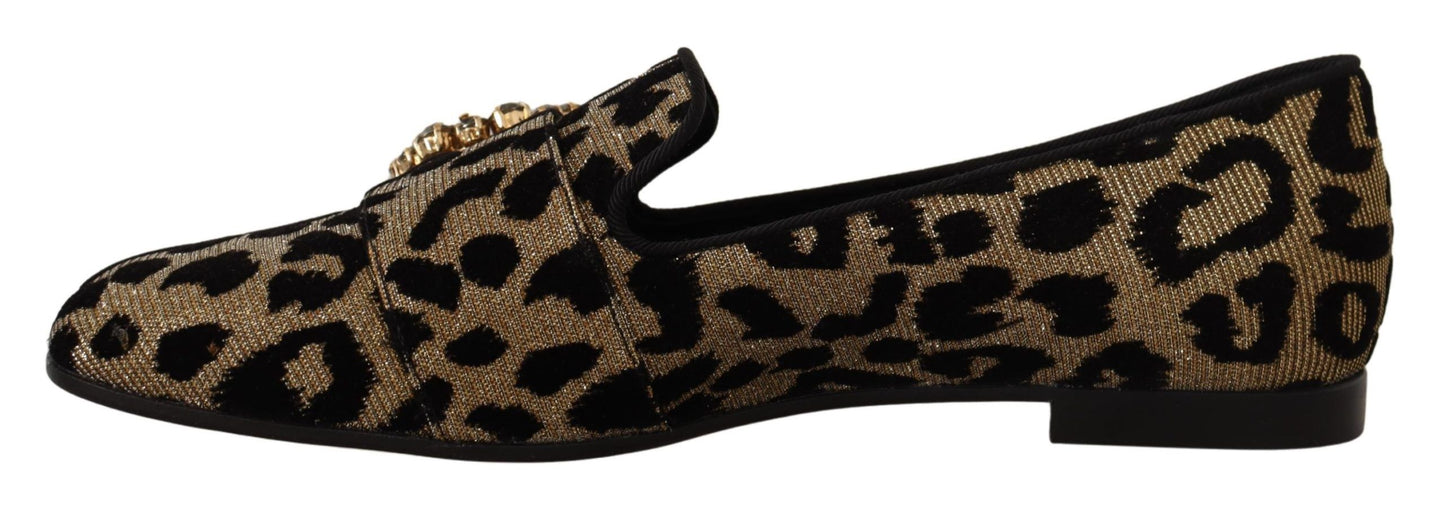 Dolce & Gabbana Gold Leopard Print Crystals Loafers Shoes