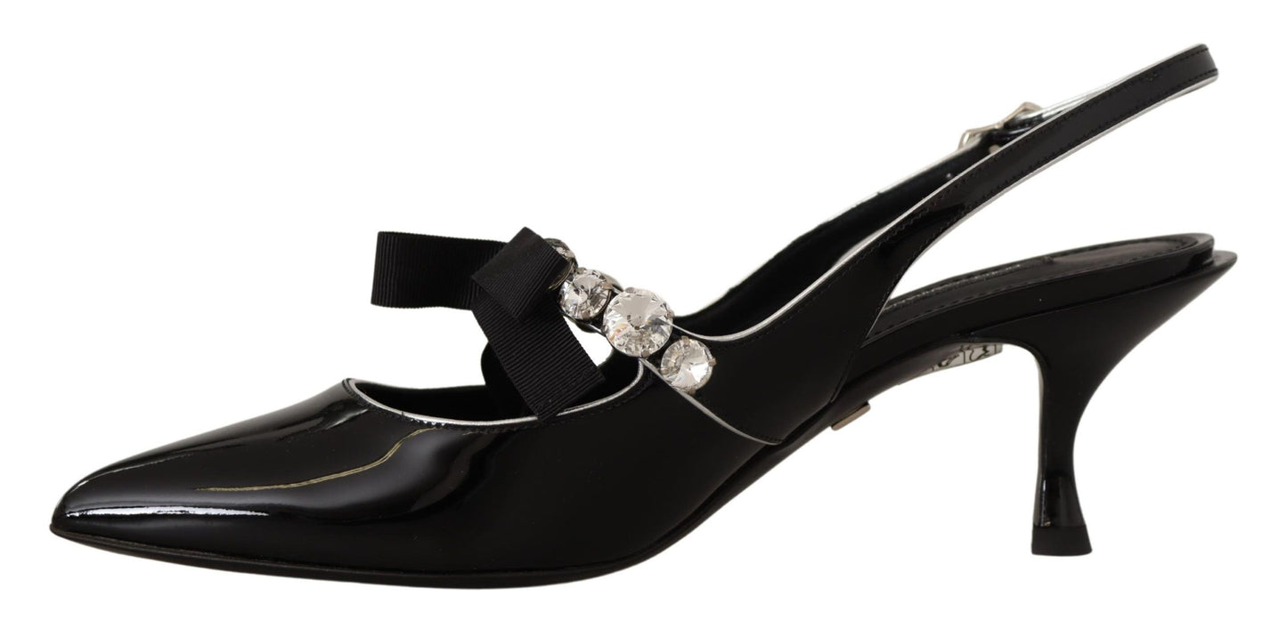 Dolce & Gabbana Black Patent Leather Crystal Slingbacks Shoes