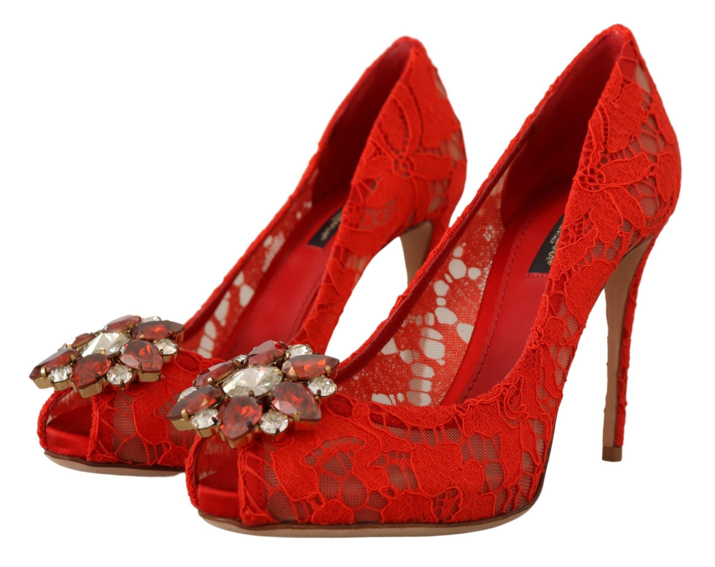 Dolce & Gabbana Red Taormina Lace Crystal Heels Pumps