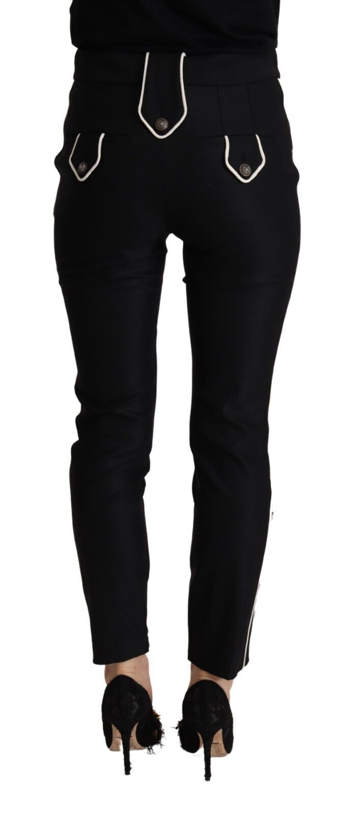 Dolce & Gabbana Black Mid Waist Button Embellished Slim Fit Pants