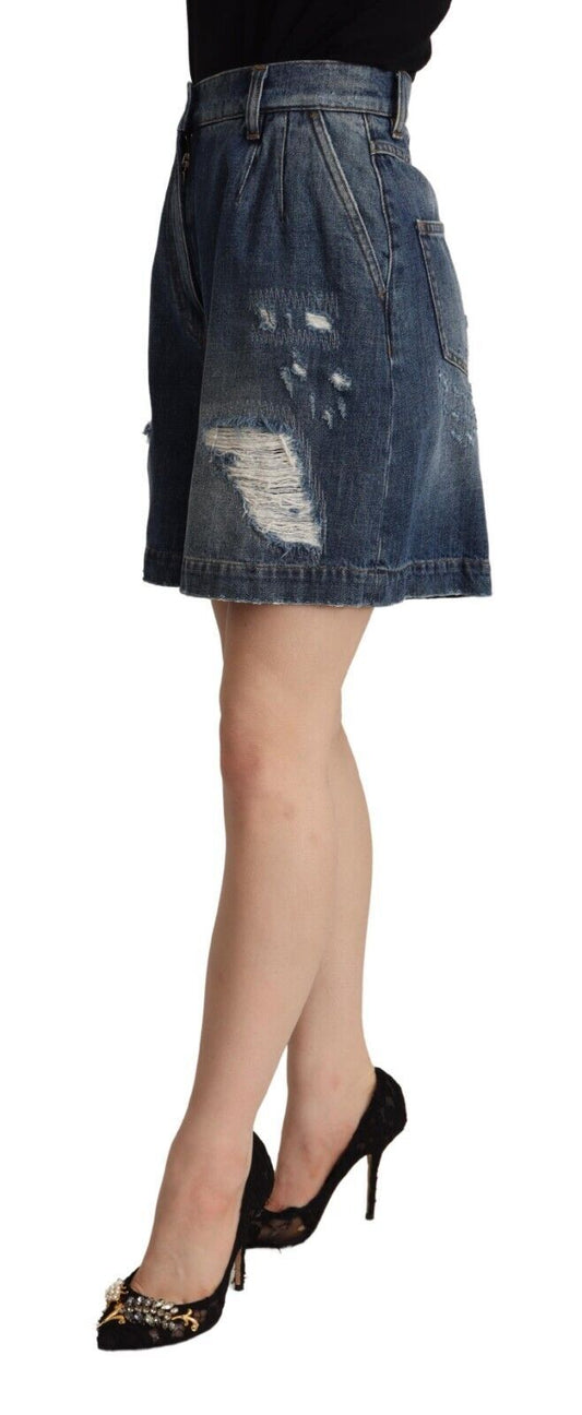 Dolce & Gabbana Blue Distressed Cotton High Waist Bermuda Shorts