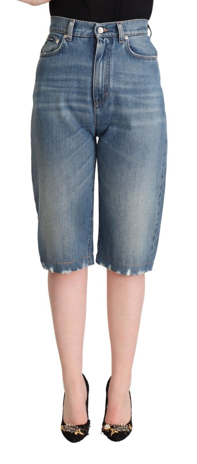 Dolce & Gabbana Blue Washed Cotton High Waist Denim Cropped Jeans