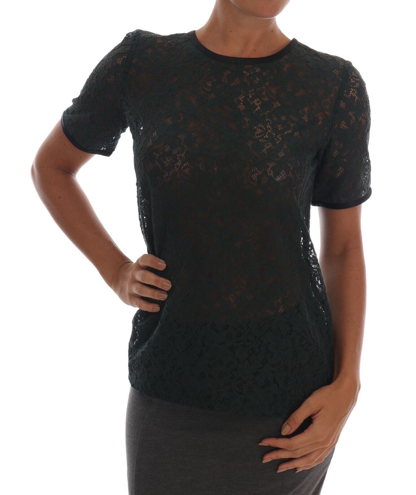 Dolce & Gabbana Dark Green Floral Lace Blouse Top