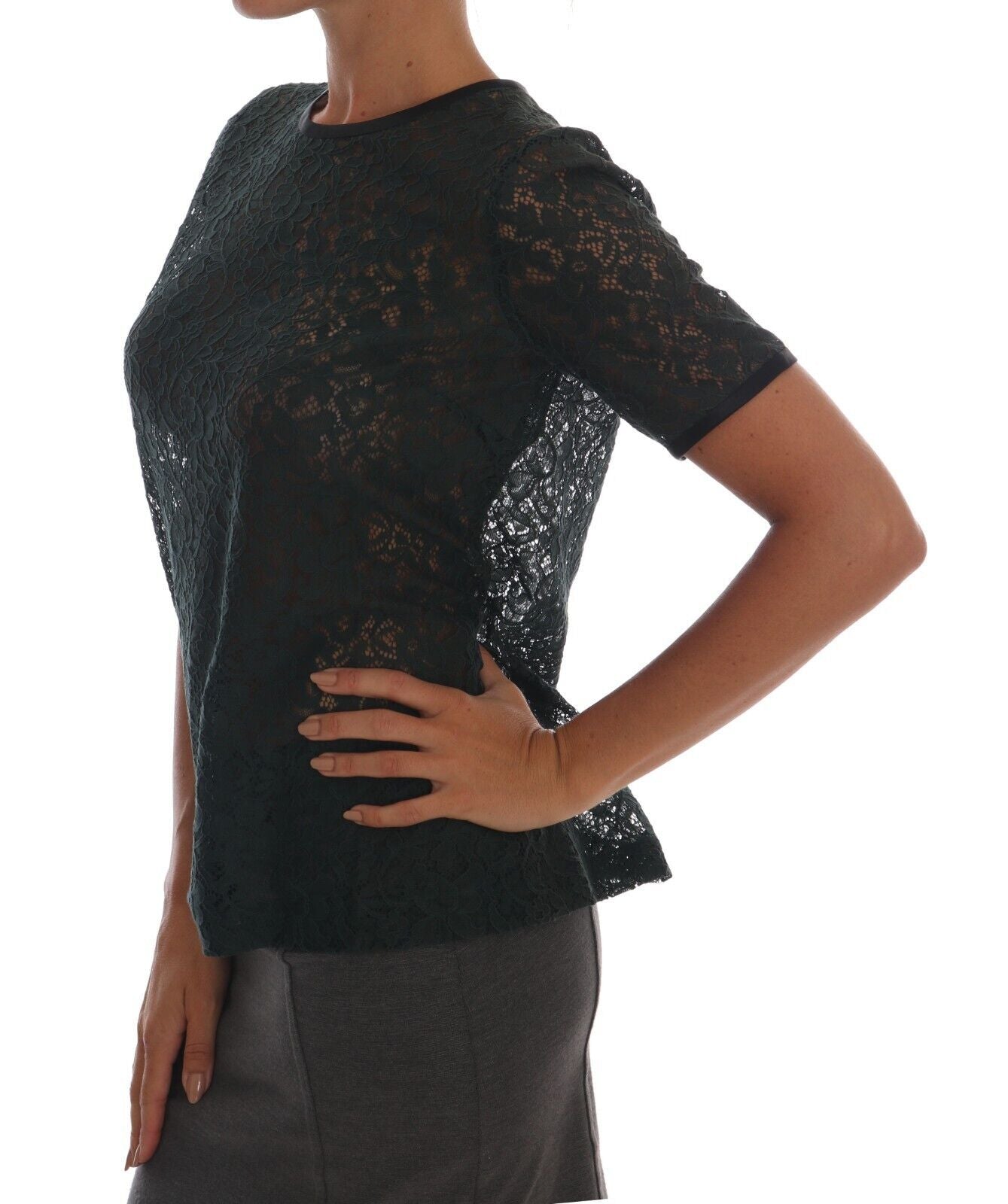 Dolce & Gabbana Dark Green Floral Lace Blouse Top