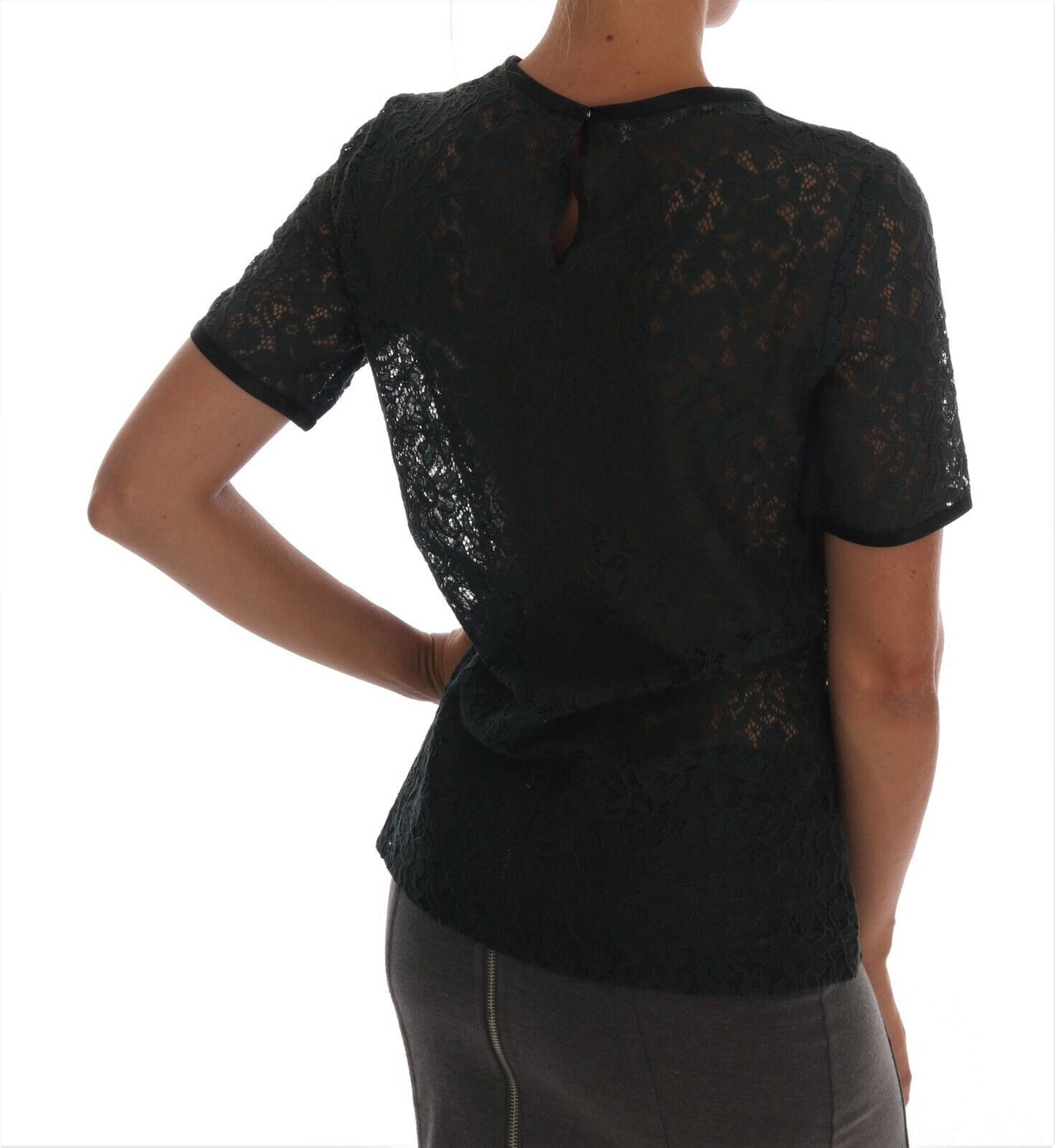 Dolce & Gabbana Dark Green Floral Lace Blouse Top