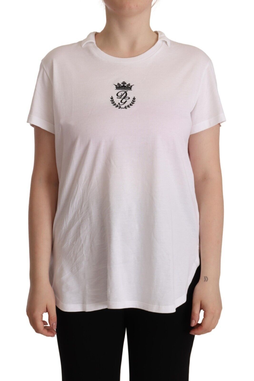 Dolce & Gabbana White DG Crown Print Cotton Collared Neck T-shirt