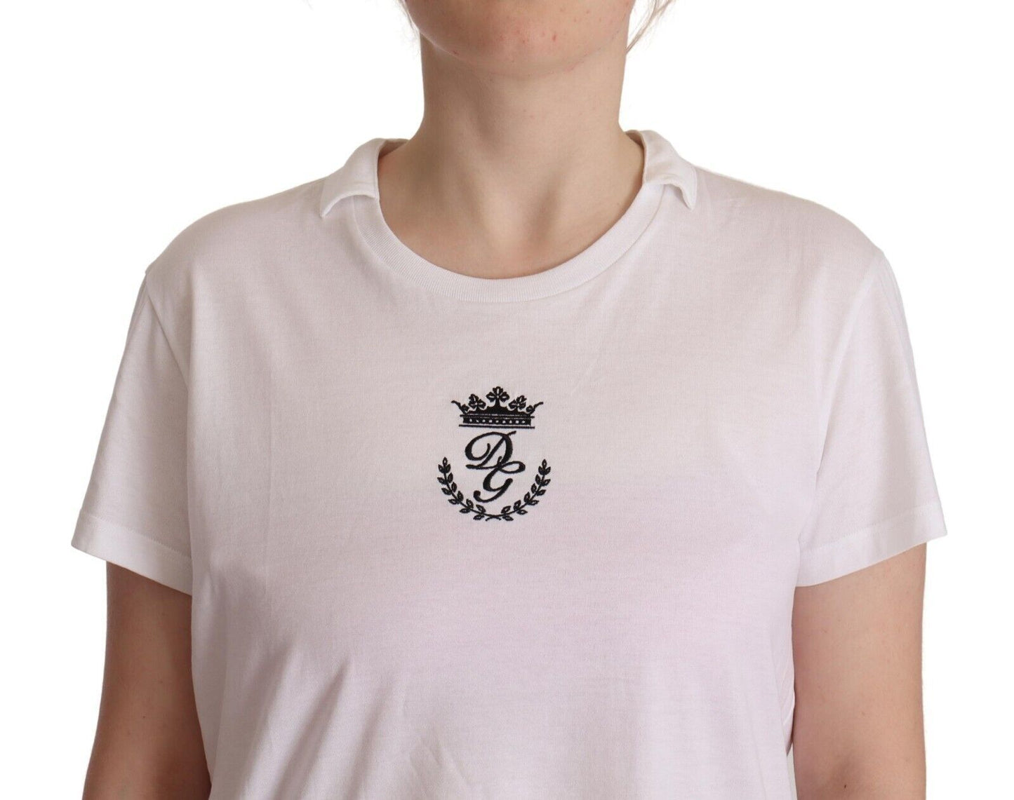 Dolce & Gabbana White DG Crown Print Cotton Collared Neck T-shirt