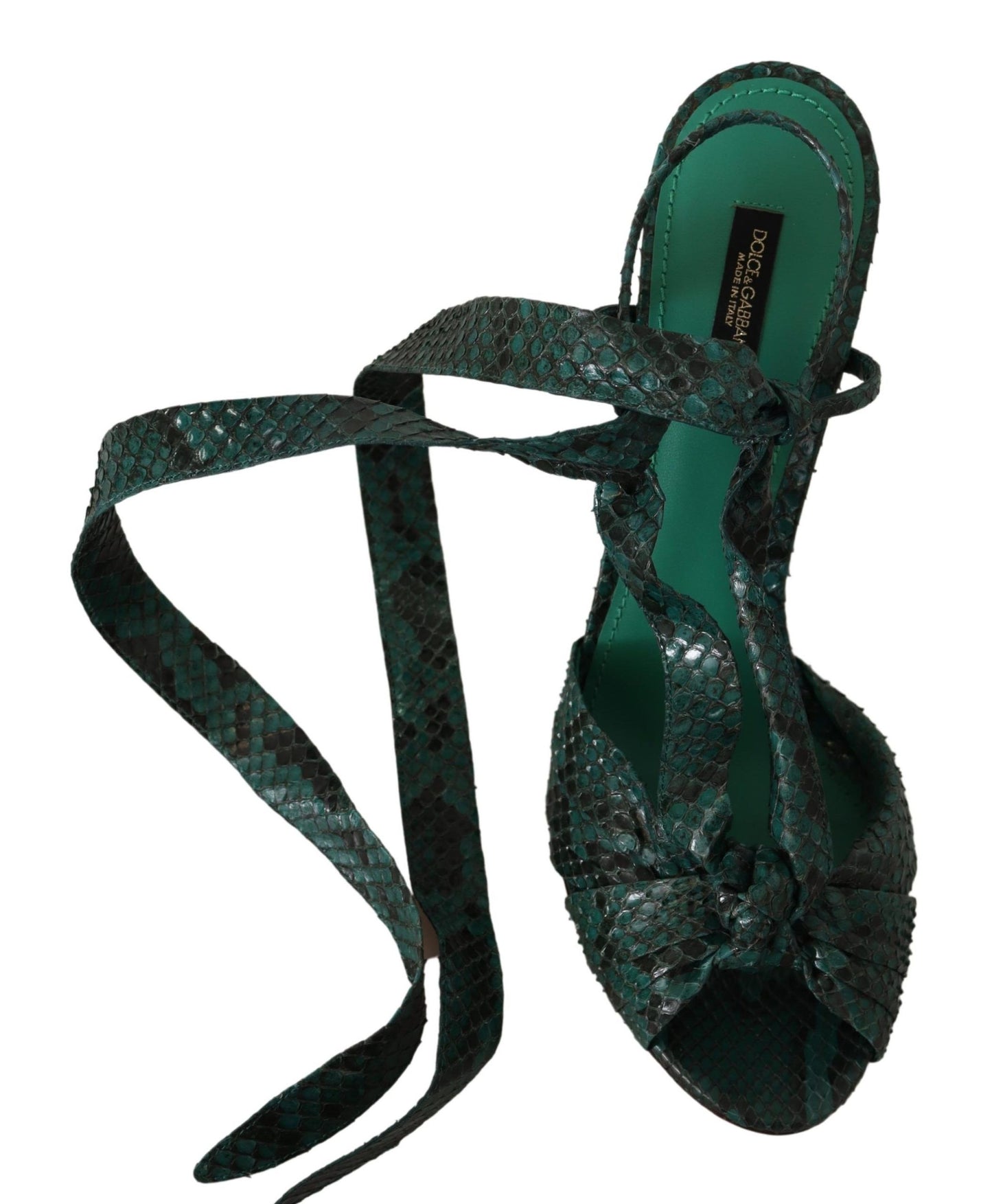 Dolce & Gabbana Green Python Lace Up Ankle Strap Sandals Heels