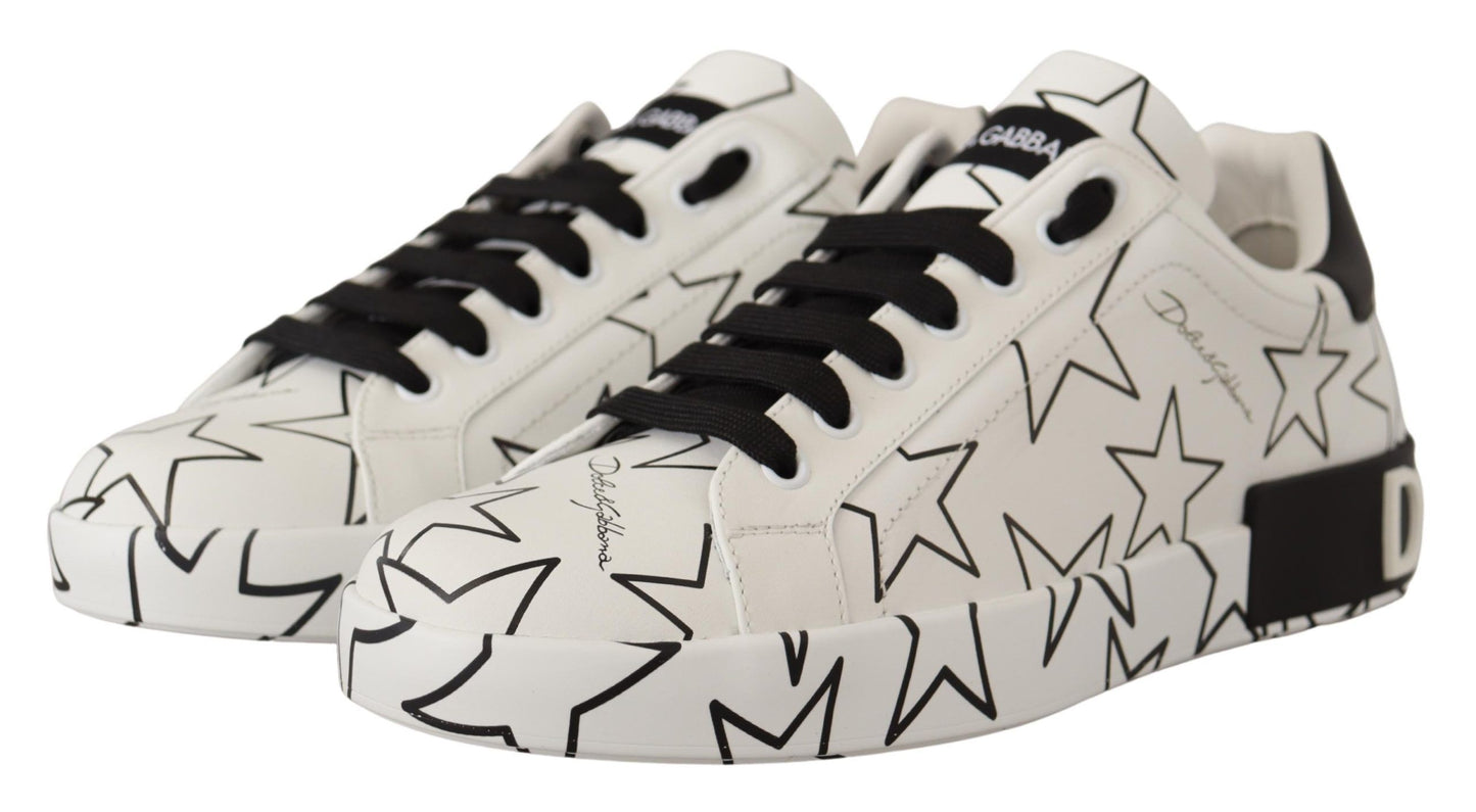 Dolce & Gabbana White Black Leather Stars Low Top Sneakers Shoes