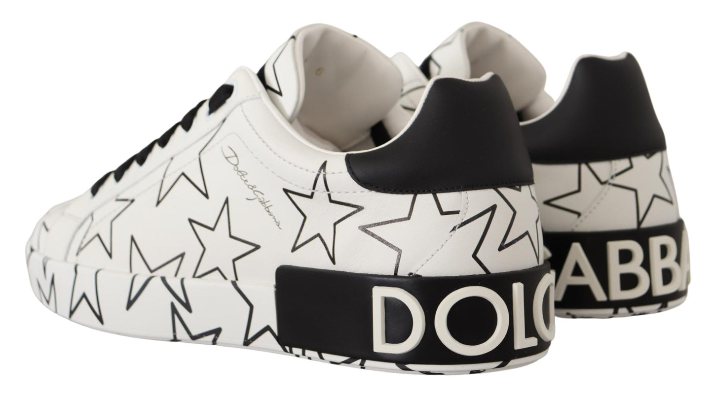 Dolce & Gabbana White Black Leather Stars Low Top Sneakers Shoes