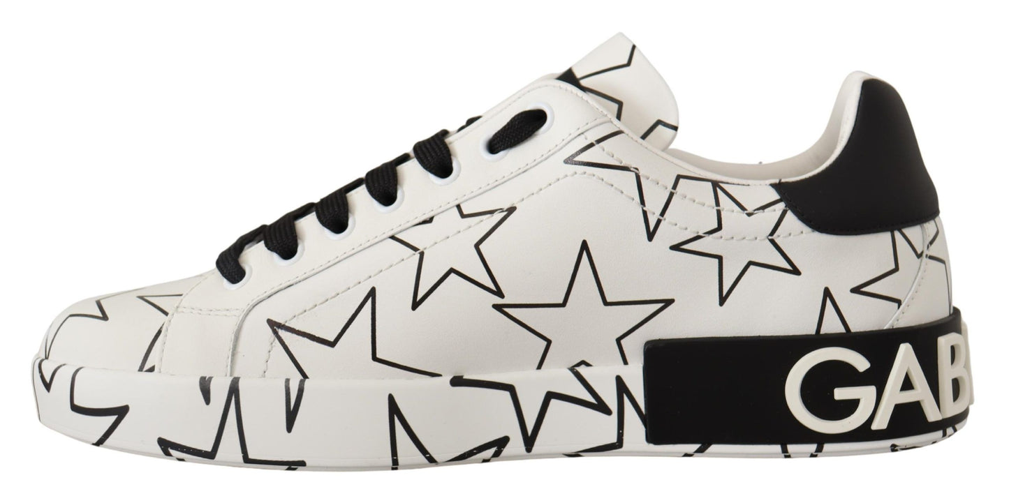 Dolce & Gabbana White Black Leather Stars Low Top Sneakers Shoes